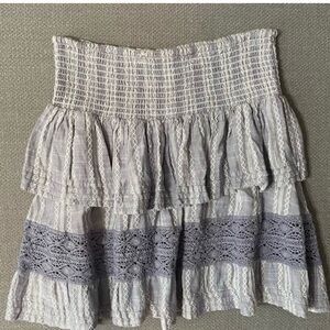 Elan Light Gray Smocked Tiered Lace-Trim Mini Skirt